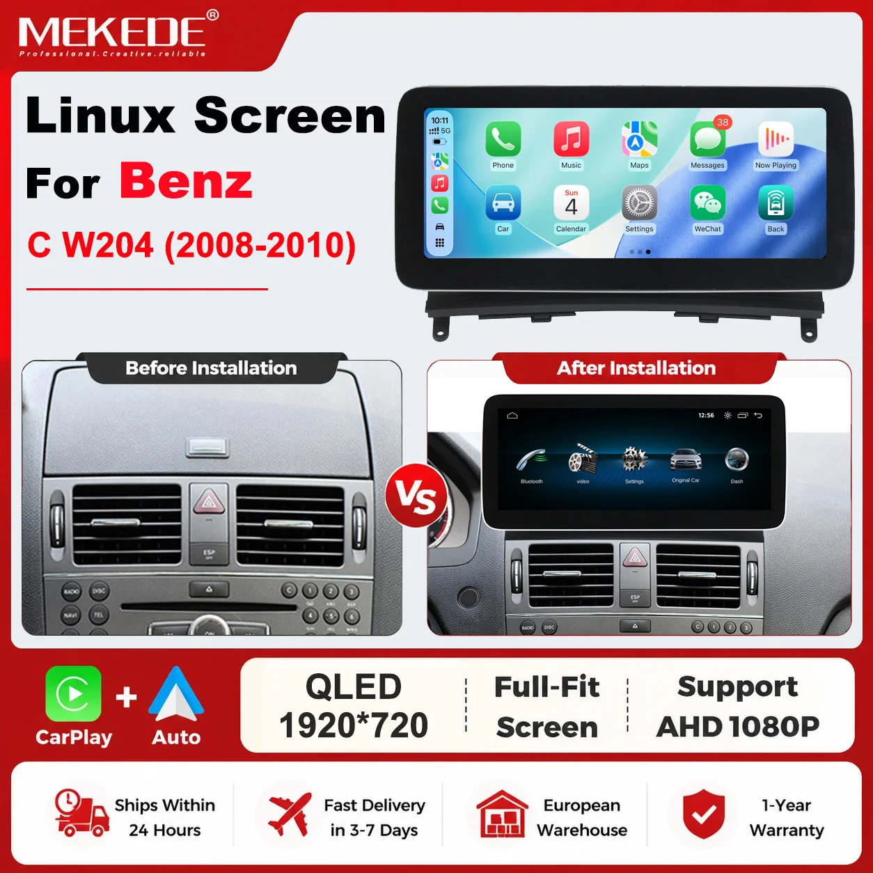 MEKEDE EU Lager 10,25/12,3 Zoll QLED 1920*720 Vollbildschirm Linux-System Autoradio für Mercedes-Benz C-Klasse W204 S204 2008-2010 Kabelloses CarPlay Android Auto AHD 1080P GPS-Navigation RDS FM BT