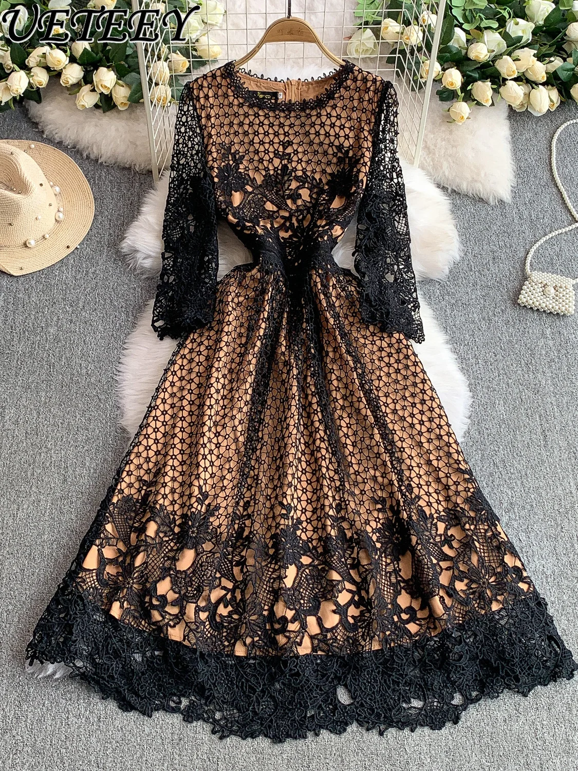 

French High-end Lace Hollow Round Neck Long-sleeved Dress for Women Summer European and American Socialites Party Long Dresses