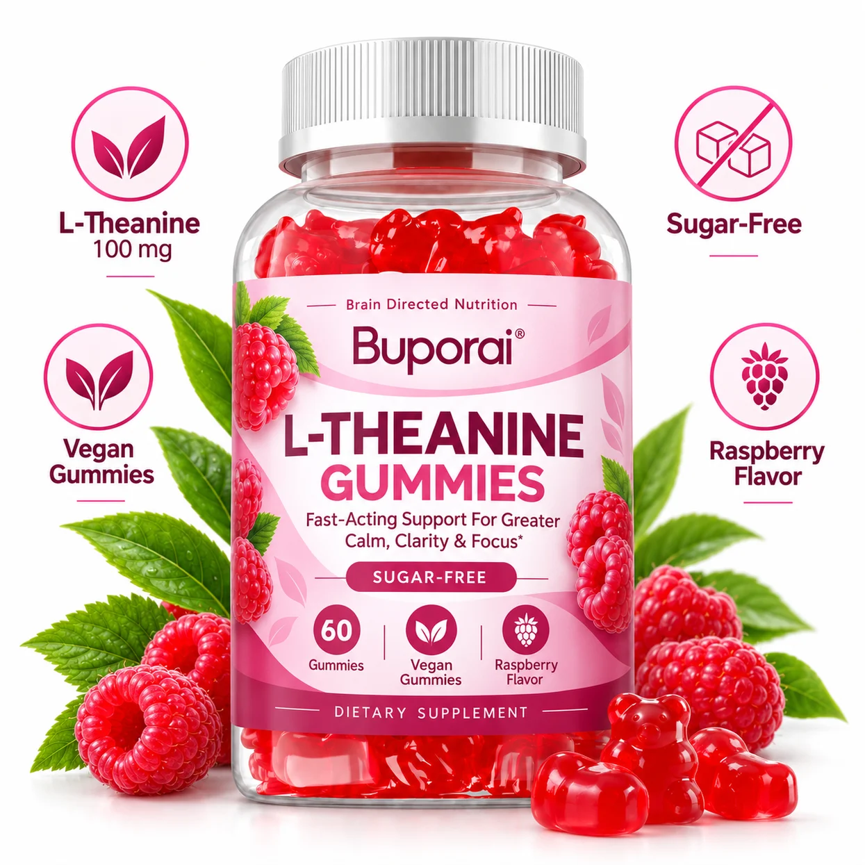 L-Theanine Gummies - Calm Mind, Relaxation, Promote Brain Cell Activity, Promote Nerve Health, Improve Focus & Mental Clarity