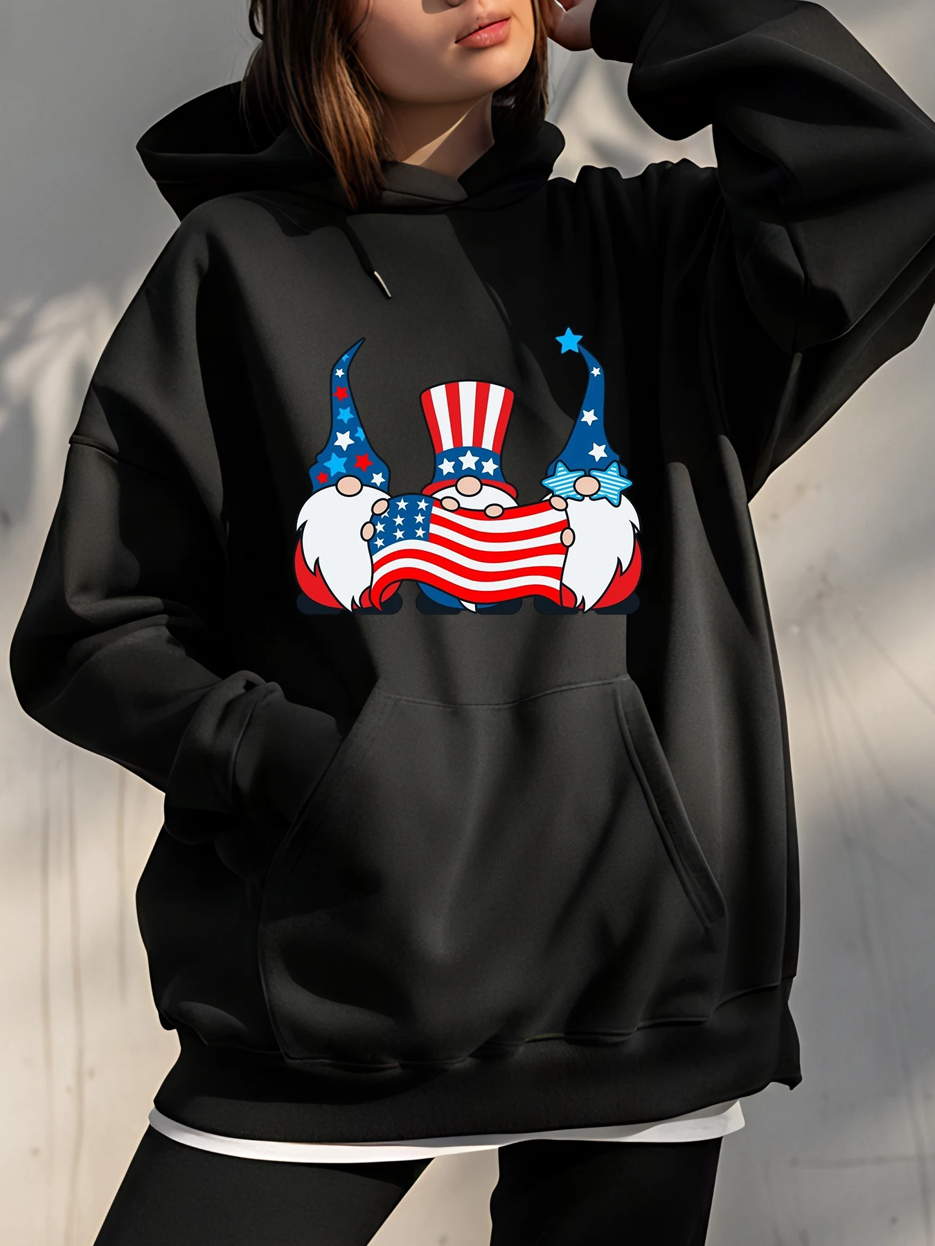 

Патриотические гномы с флагом США, женская повседневная уличная одежда, модная толстовка с рисунком