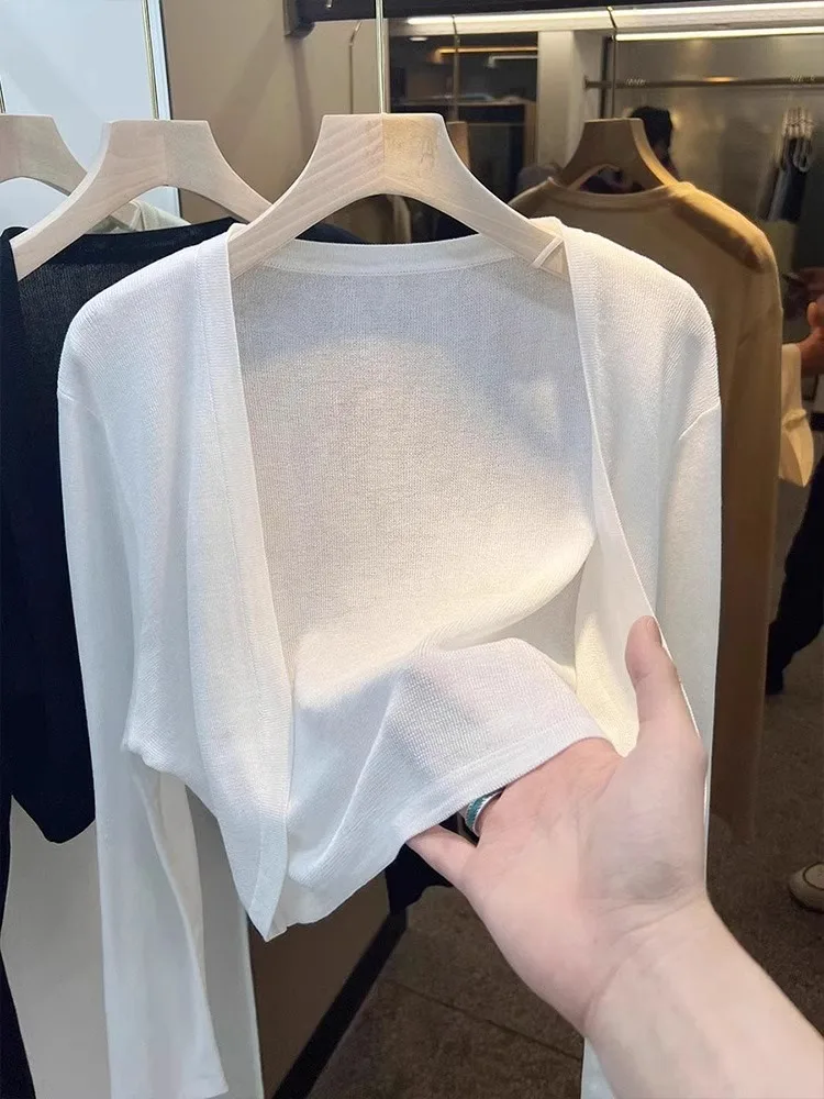 

Ice Silk Knitted Open Cardigan Lightweight Summer Cover up White Sun Protection Women's Long Sleeve Color Commute Style