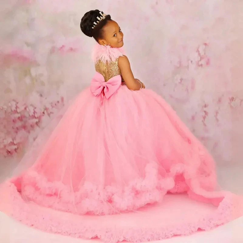 African Flower Girl Dresses Customized Feather Lace Girl's Dress for Wedding Birthday Party Gowns Princess Ruffled Kids Prom