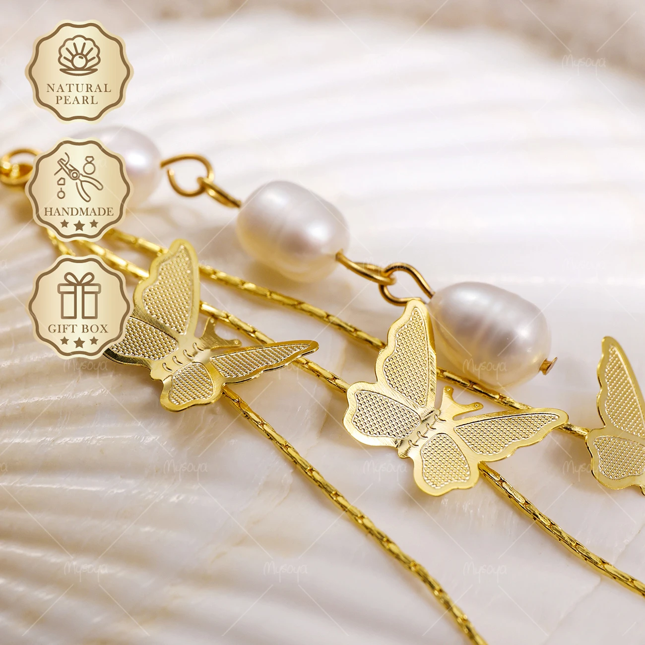 

MYSOYA White Rice Freshwater Pearl Stud Earrings 6-7mm Gold Butterfly Tassel Design, Gift Box, Birthday Jewelry S387