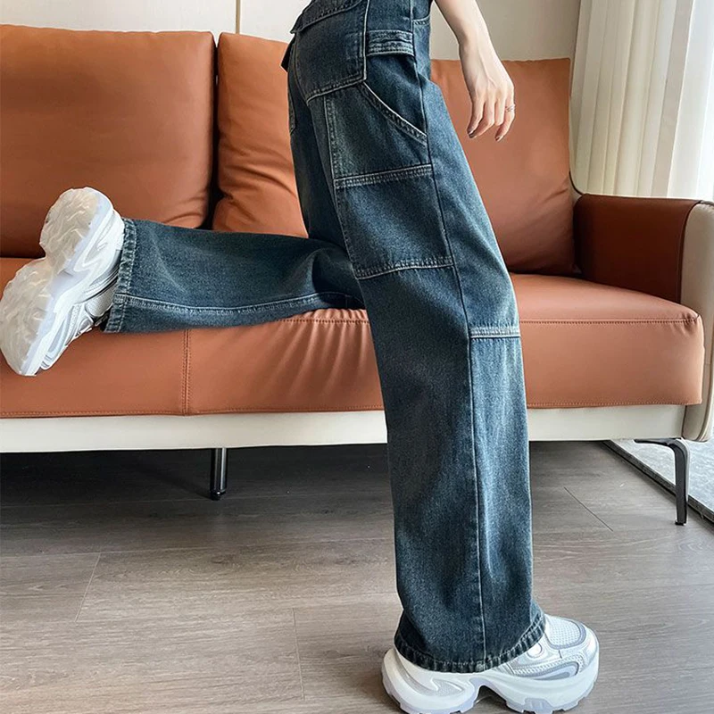 Retro work pants,  loose denim wide leg pants, spring and autumn new  chubby leg covering high waisted straight leg pants