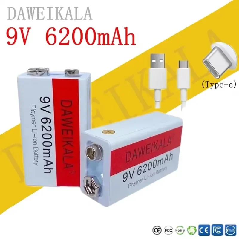 

9V battery 6200mAh li-ion Rechargeable battery Type-C Battery 9V USB lithium for Multimeter Microphone Toy +USB charging cable