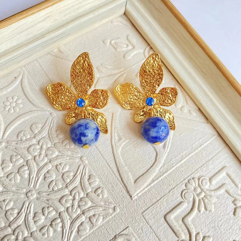 Vintage Court Style Lapis Lazuli Earrings Flowers Temperament Ladies jewelry Stud Earring Girl Party Accessories Gift