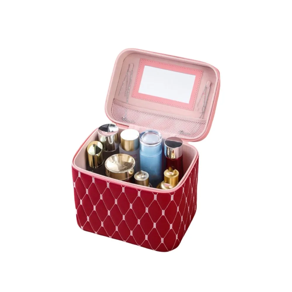 Portable PU Leather Cosmetic Bag Large Capacity Anti-crush Makeup Bag with Mirror Waterproof Cosmetic Storage Box Women