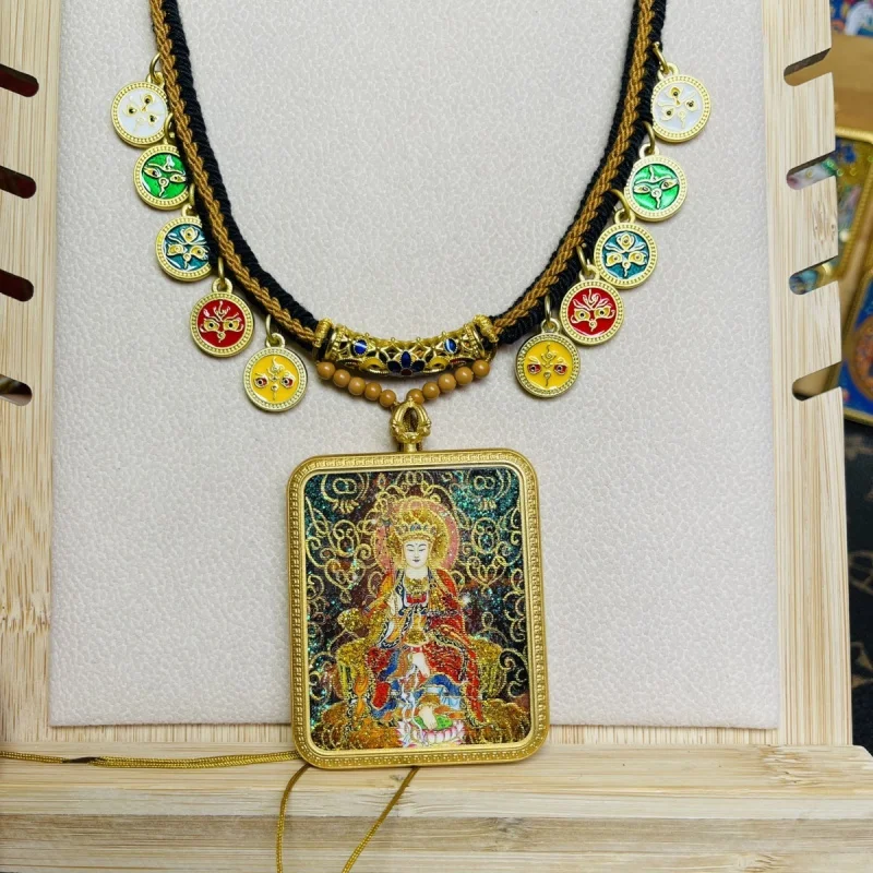 

Authentic Gold-Plated Hand-Painted Ksitigarbha Thangka Buddha Amulet Pendant with Tibetan-Style Rope