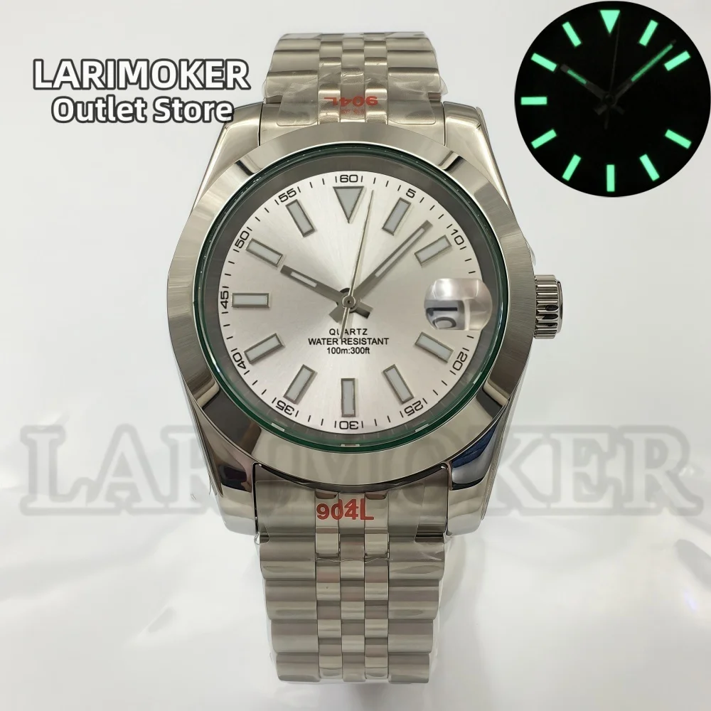 LARIMOKER Ronda515-12h Orologio al quarzo 36mm/39mm Lunetta lucida Vetro zaffiro verde Quadrante bianco nero Bracciale in acciaio con lancetta fulminea