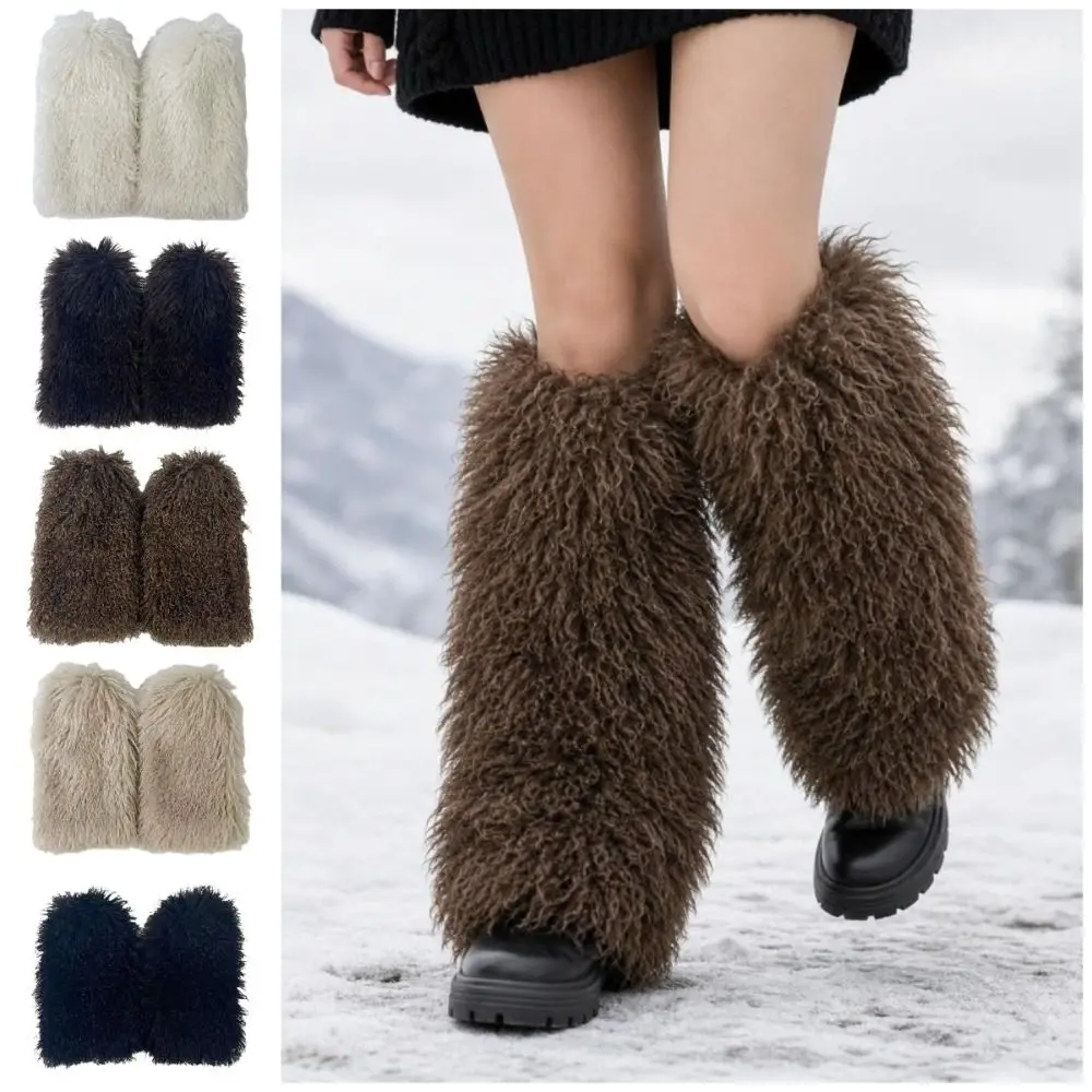 Harajuku Style Faux Fur Curly Furry Leg Warmers Y2K Solid Color Lolita Boots Cover Sweet 40cm Warm Knee Sleeve Autumn/Winter