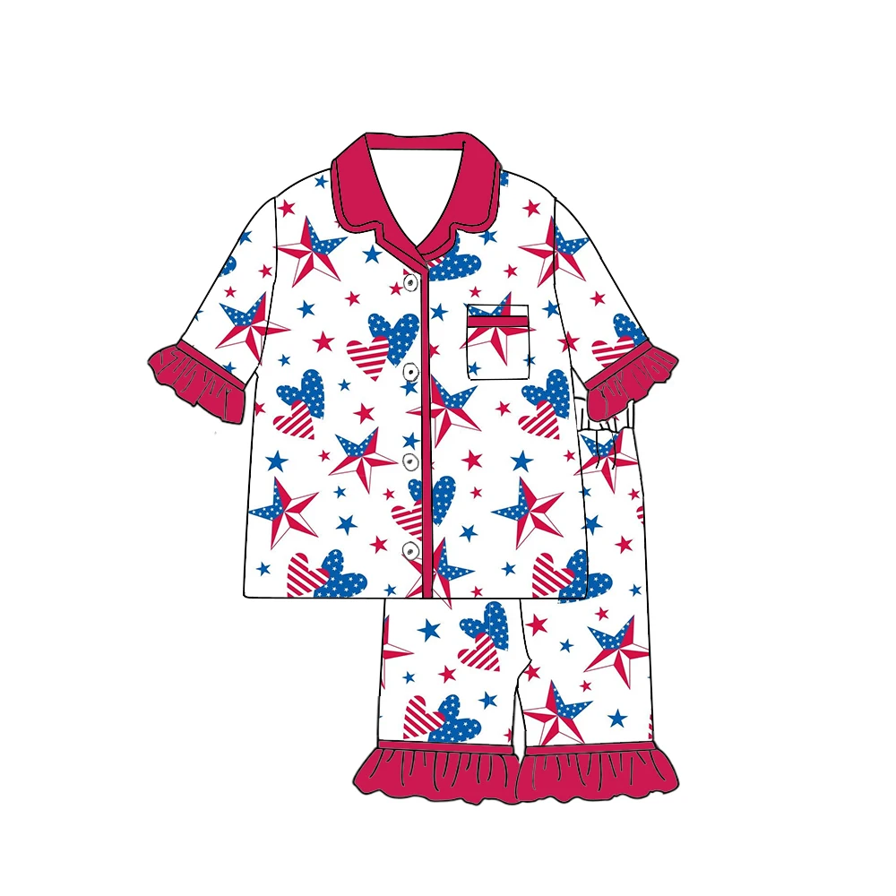 Boutique kids sets Lapel ruffles pocket short-sleeved shorts pajama set boys and girls independence Day print custom
