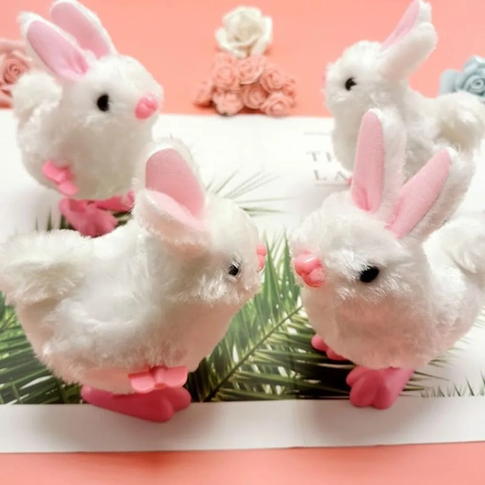 Fun White Plush Rabbit Interactive Clockwork Bunny Wind-up Toy Easter Jumping Toy Kids