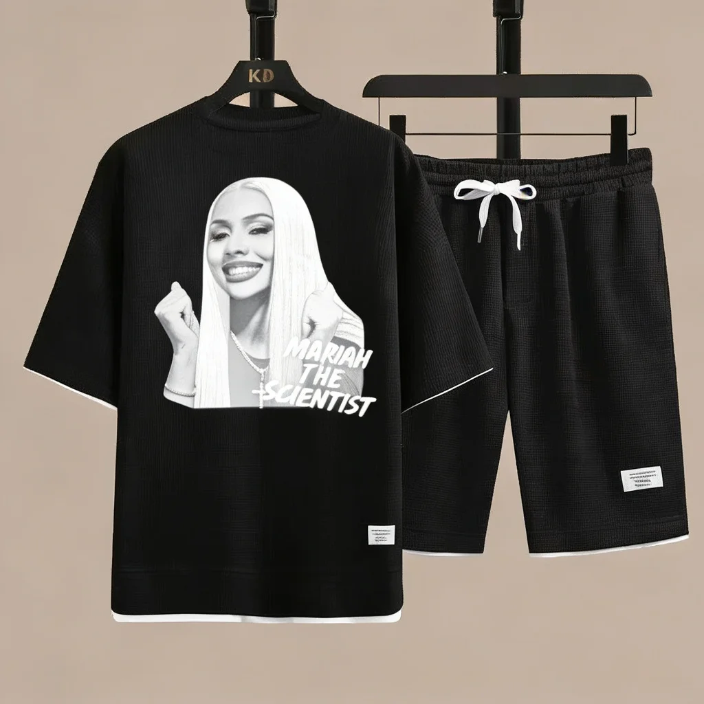 

Новый комплект из двух предметов: футболка оверсайз в стиле вафельного принта с уличным дизайном и принтом с изображением персонажей, летняя повседневная одежда