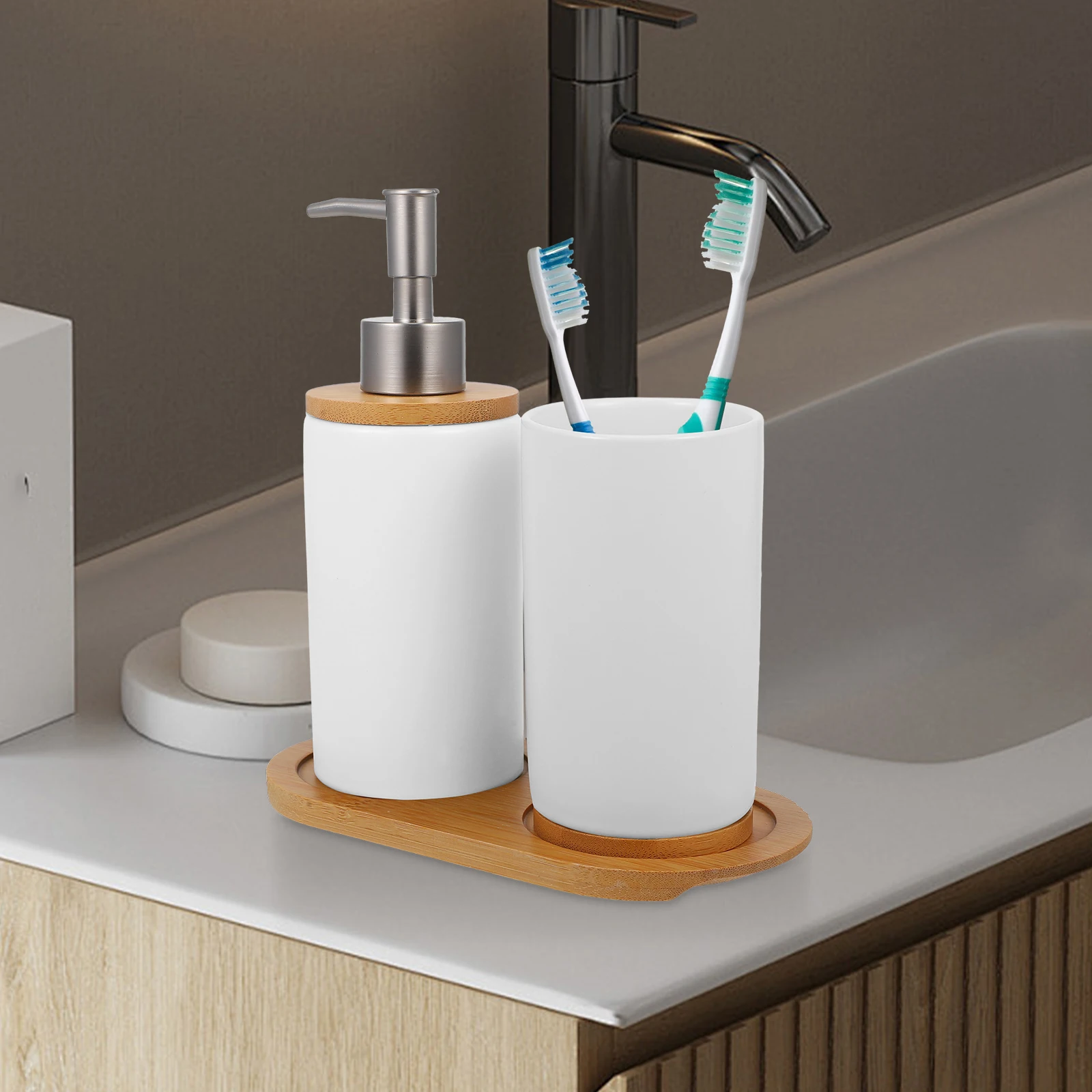 

1 set Ceramic Bathroom Accessories Set White Toothbrush Holder Shampoo Dispenser Soap Dispenser Vanity Countertop for Home
