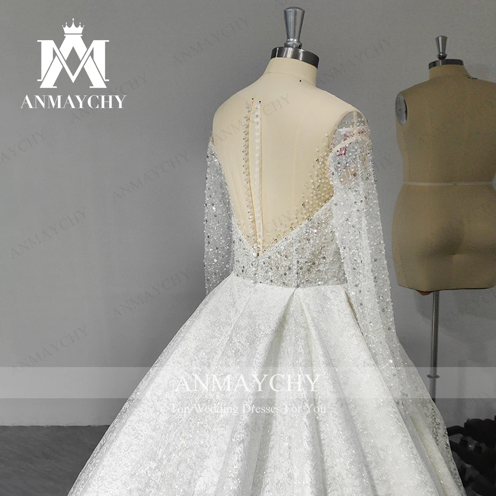 ANMAYCHY a خط الأكمام فساتين زفاف فاخرة للنساء الحبيب طويلة أنيقة بلا ظهر الخرز ثوب زفاف Vestidos De Novia