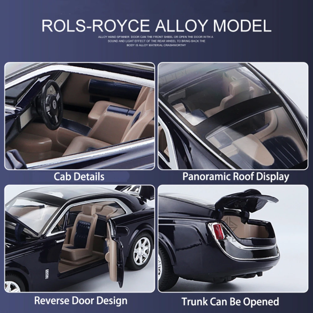 1/24 Scale Rolls Royce Sweptail Car Model Toy Metal Diecasting with 4 Doors Opened Rubber Tire Vehicle Models for Children Gifts