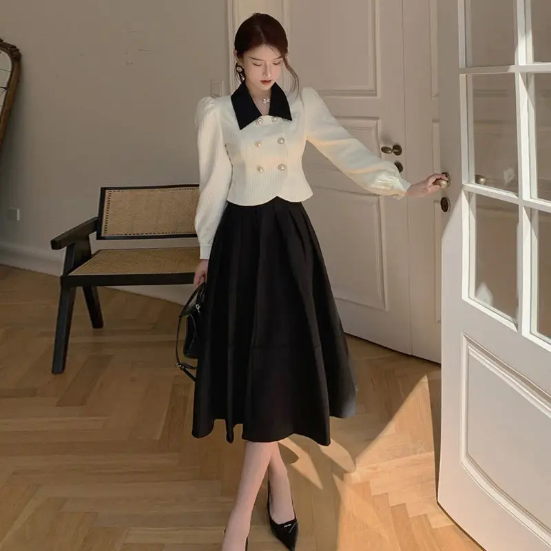 Big Swing Black Pleated Skirts Suits + Lapel Double Breasted Blazer Jacket OL Shirts Two Piece Sets Clothes Chic