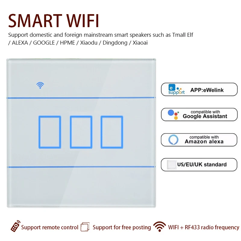 

Смарт-переключатель WiFi с функцией RF, приложение для умного дома, панель 86, переключатель 90-250 В, 2000 Вт, работает с Alexa и Home