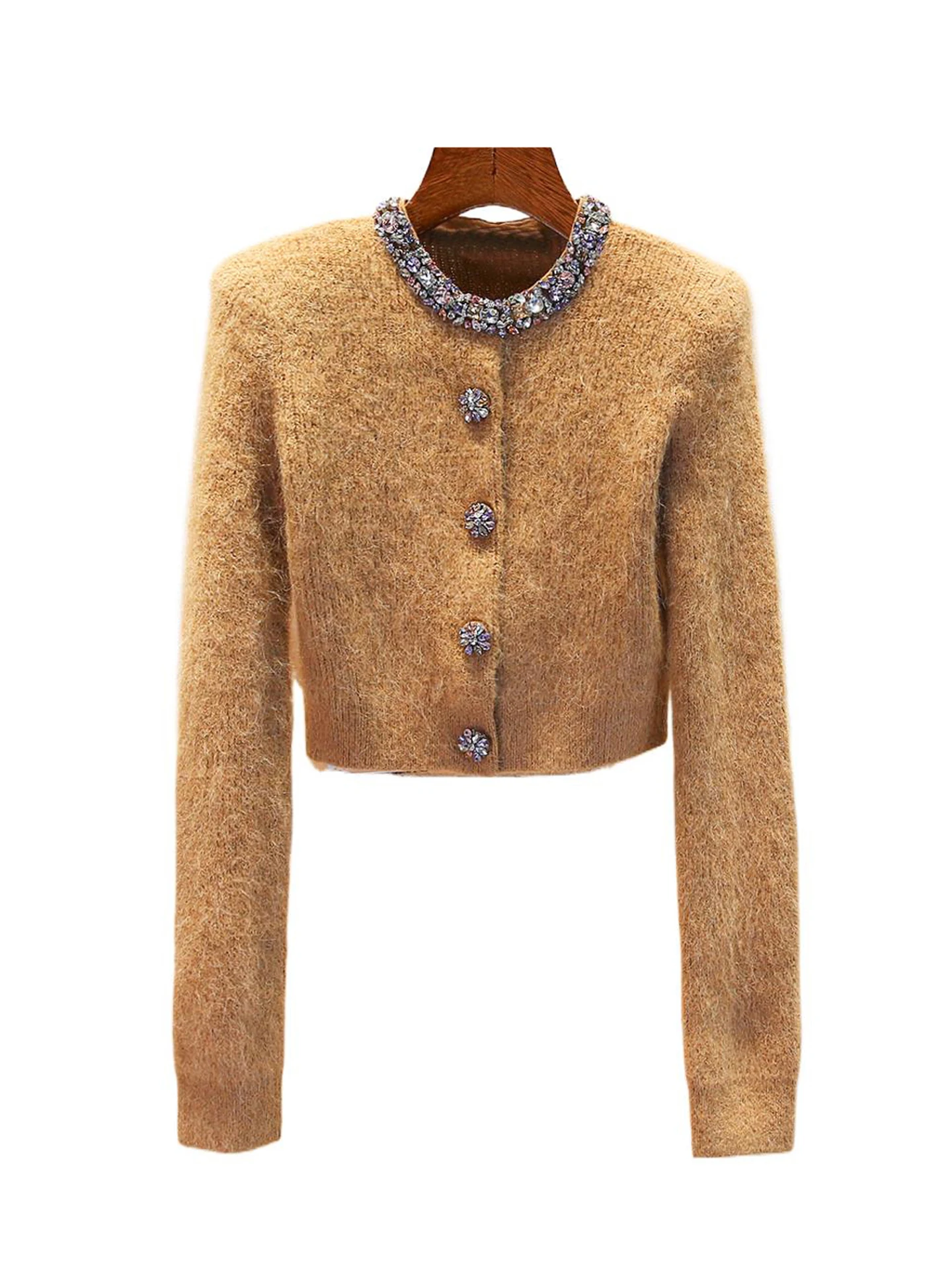 Cardigan tricoté en poils de chameau pour femmes de luxe irt avec embellissement de diamants Petite fraance Sle SP Home South Oil 2025 Autu...