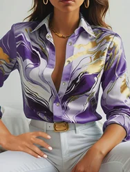Marble Print Button Front Long Sleeve Shirt,Long Sleeve Tops