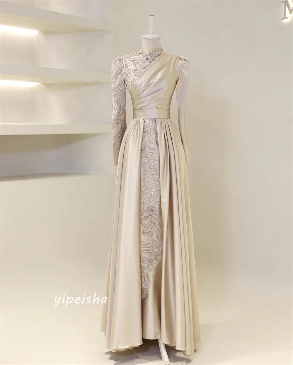 Beading Draped Pleat Clubbing A-line High Collar Bespoke Occasion Gown Long Dresses Saudi Arabia Exquisite Simple Fashion Retro