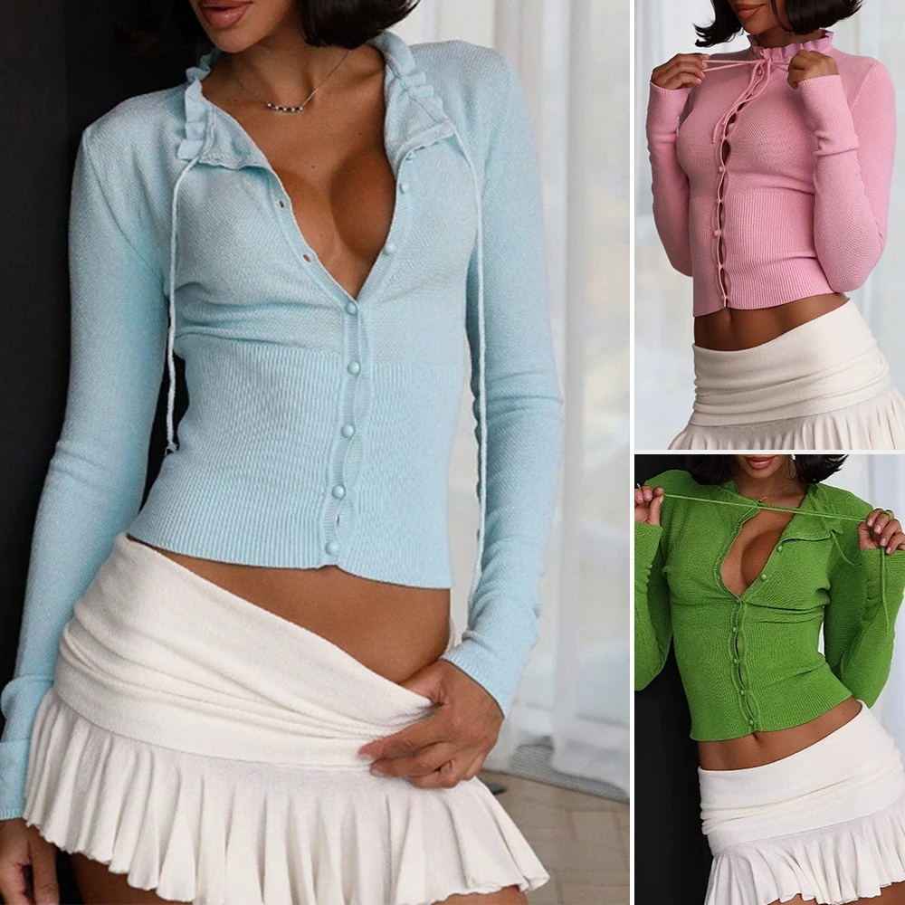 

Женский кардиган Mia Muse, летний простой облегающий кардиган, однотонный, с вышивкой, на шнурке, с длинными рукавами, с v-образным вырезом, повседневный кардиган