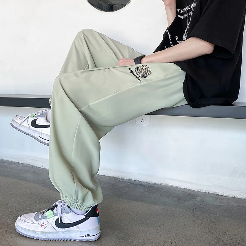 

Trendy Men's Ice Silk Casual Pants Summer Thin Loose Sports Long Trousers Harajuku Sle Elastic Waist Baggy Harlan Pants