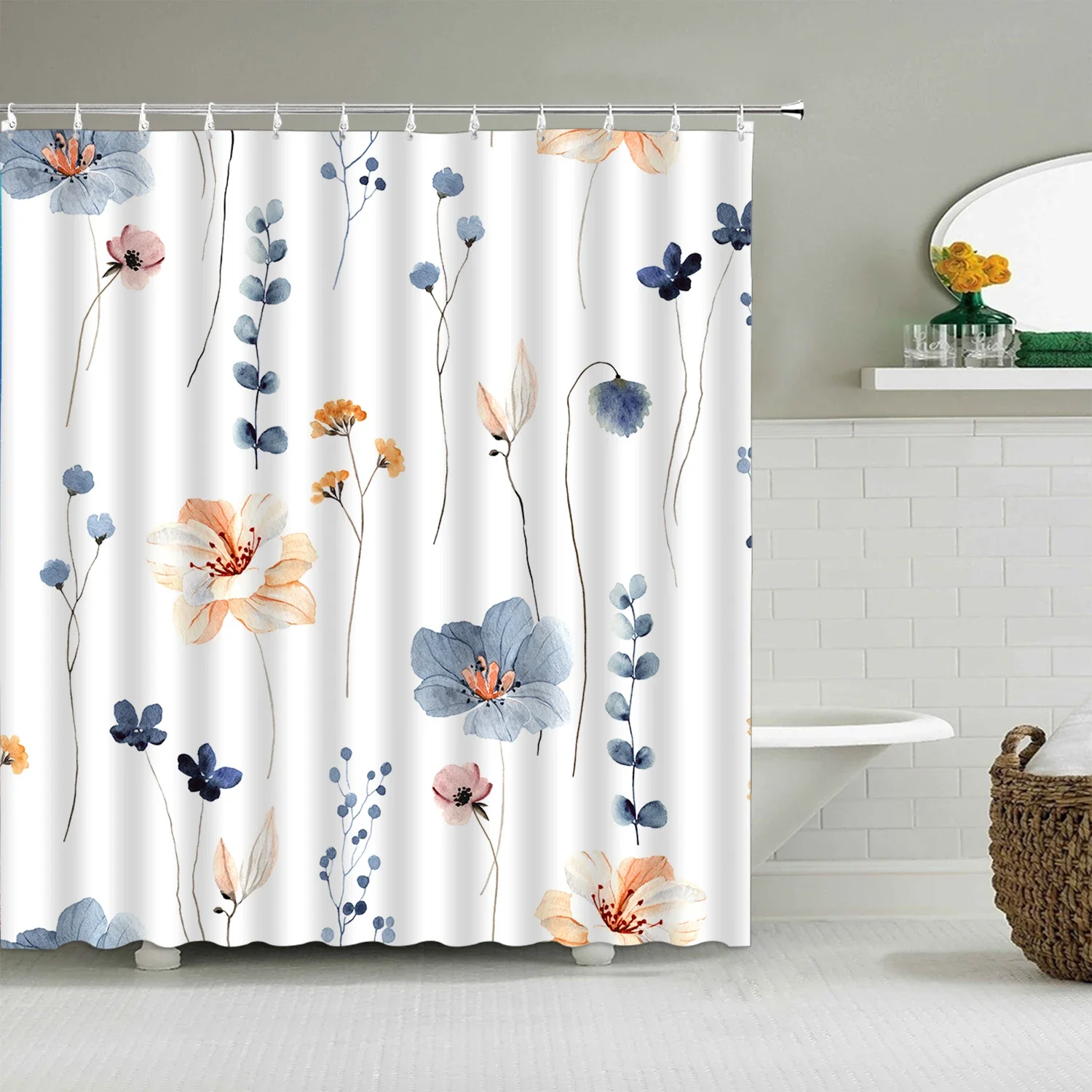 Watercolor Flower Shower Curtain, Sage Green Beige Flower Colorful Modern Minimalist White Bathtub Partition Bathroom Decorative