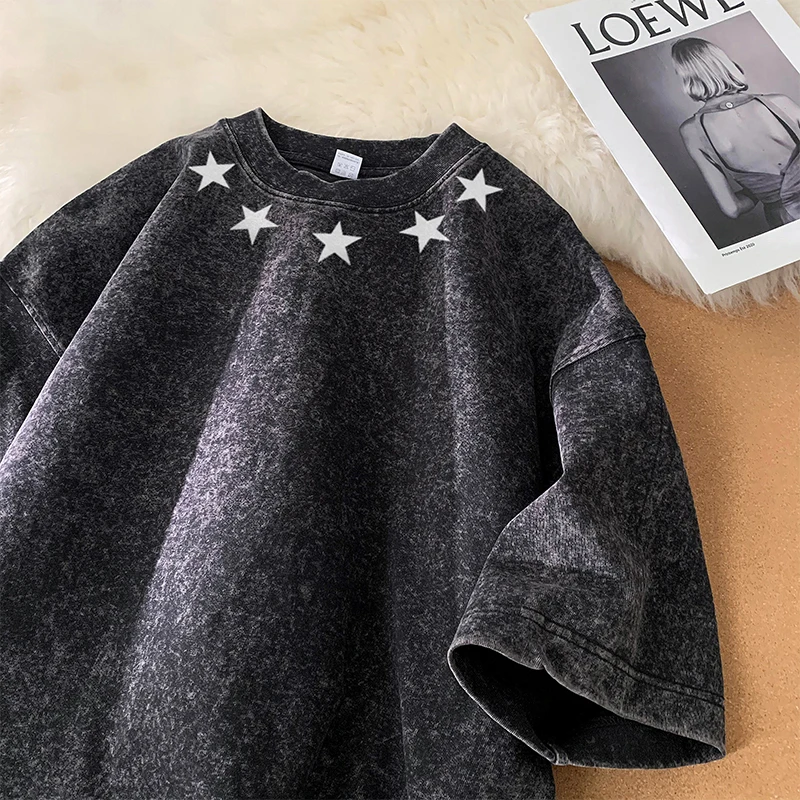 Men Black Washed T-shirt O-neck Star Patterned Heavyweight Short Sleeve Harajuku Streetwear Tshirt Hip Hop Tops