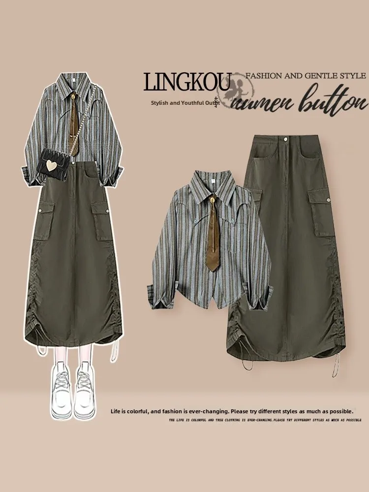 

Elegant plus Size Autumn Set Women's Design Stripe Shirt with High Waist Workwear Skirt Two Piece Set Age Defying