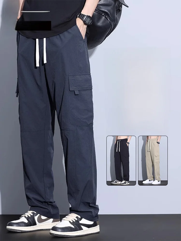 

Рабочие брюки из ледяного шелка, мужские летние тонкие новые американские трендовые свободные повседневные прямые брюки, дышащие удобные молодежные модные брюки