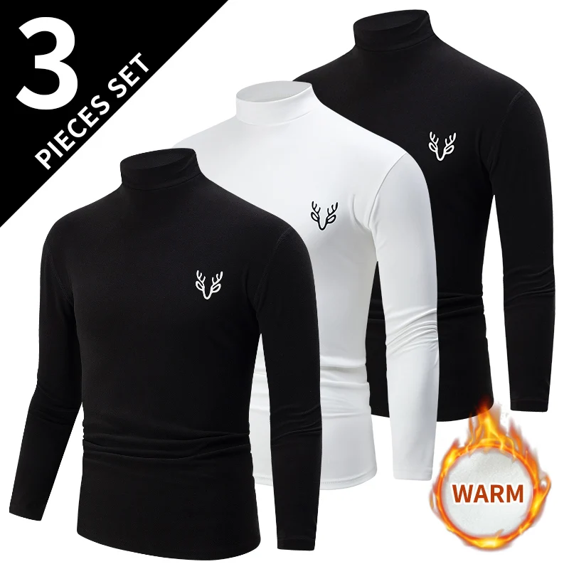 3-Piece Men's White BottoMing Small Turtleneck Shirt In Autumn And Winter Casual Joker Fashion Long Sleeve T-Shirt Teenagers War