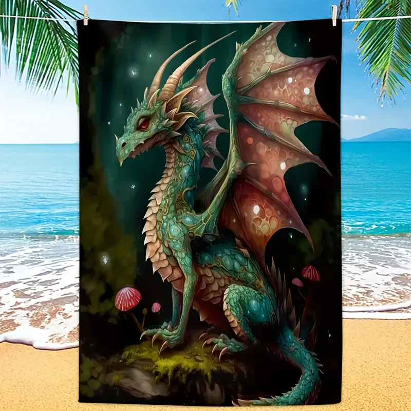 

1 шт. Пляжное полотенце Dragon — супервпитывающее, быстросохнущее полотенце для плавания из микрофибры с ярким зеленым принтом дракона и тропическими пальмами, светлое