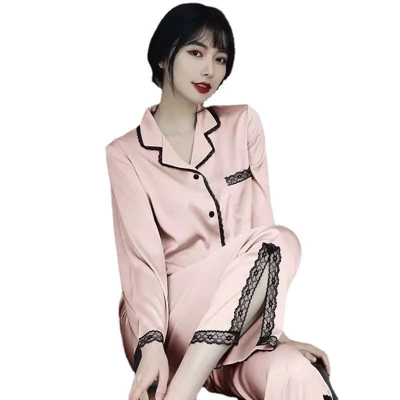 New Two-Piece Spring And Autumn Ice Silk Pajamas Female Long-Sleeved Thin Section Loose Ladies Silk Lace Leisure Pajamas Homewea