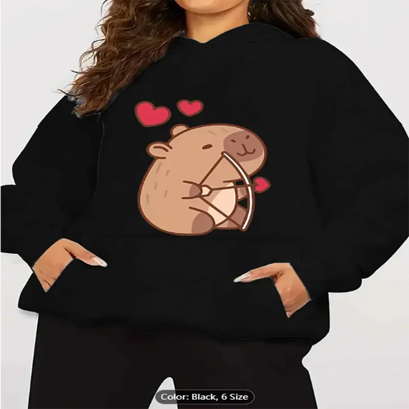 

Womens Cute Capybara Print Hoodie Pockets Soft Fleece Lined Casual Pullover Long Sleeves Round Neck Playful Design Pure Cotton