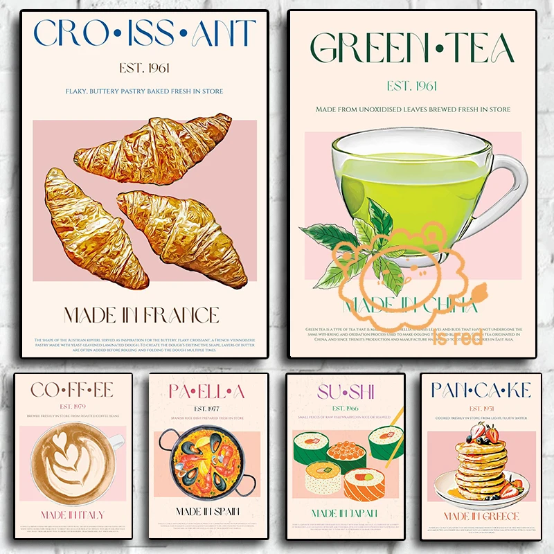 Kitchen Delights Poster Pancake Croissant Paella abstract Canvas printing Home Living room wall decoration frameless painting