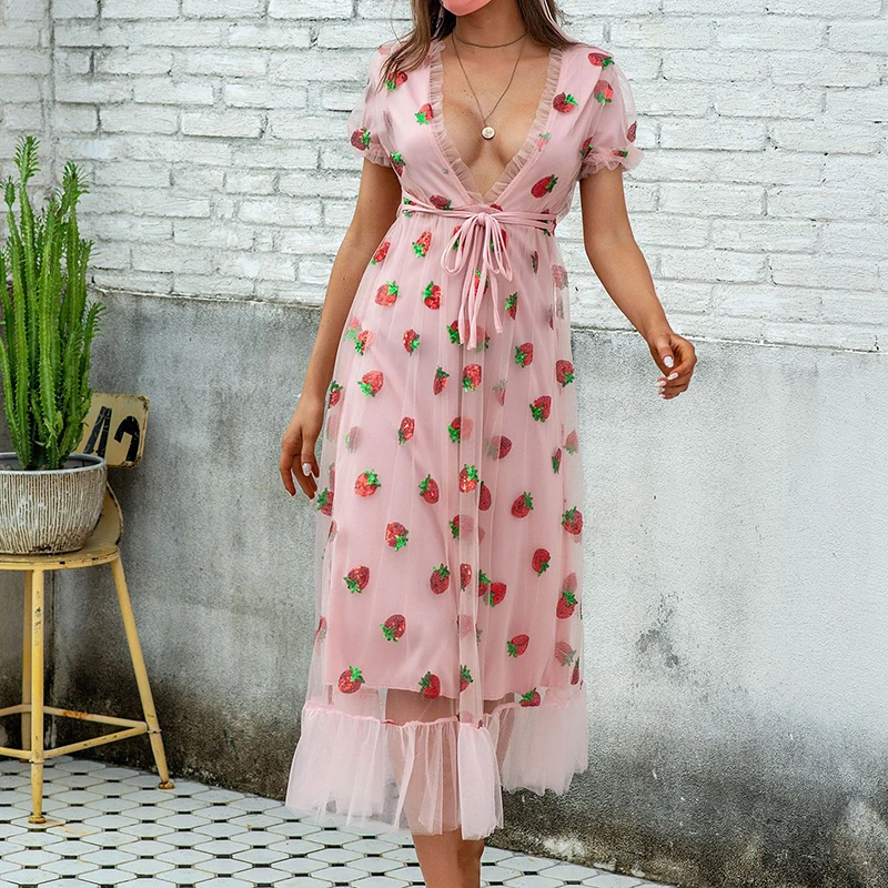 

Women Sequin Embroidered Strawberry Cocktail Dress Lace Up Mesh Yarn Plunge V Neck A-line Pleated Maxi Dresses