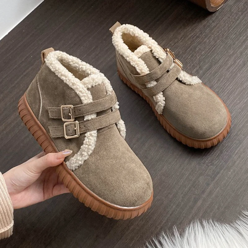 

Plush Belt Buckle Suede Ankle Boots Female Non-slip Fashion Brand Women Cotton Shoes Winter Warm Thick Sole Snow Boots Women