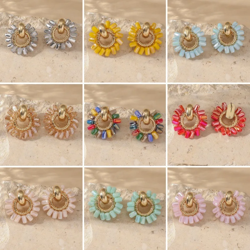 

Rice bead earrings Rainbow Crystal Circle Gradient color Bohemia Hand weaving Alloy Fashion Female Simple Beaded earrings