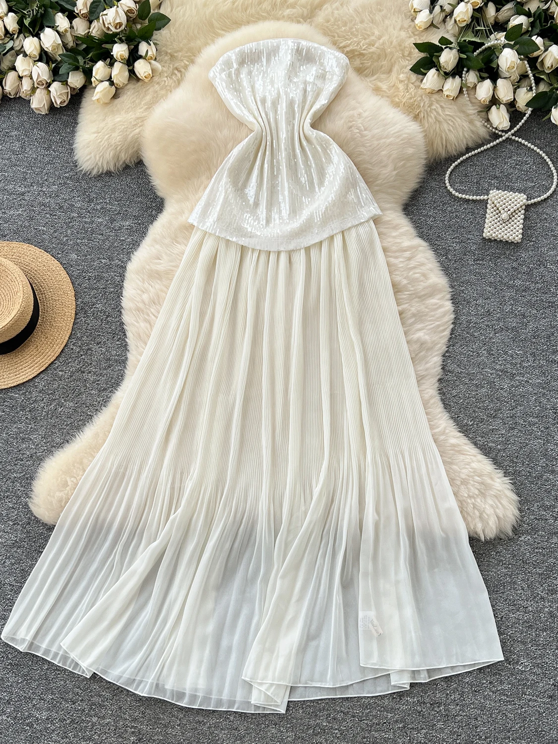 Ele High-End Pailletten Splice Me Dr Damen Taille-Cinching Abnehmen Svel Bustier Kleid Koreanische Sle A-Linie Rock