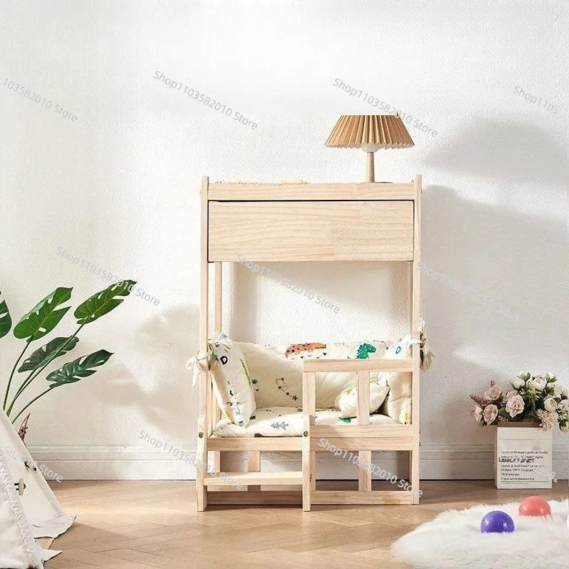 Solid Wood Double-Layer Pet Bed, All-Season Teddy Small Dog Bed & Cat Nest with Drawer Storage & Bedside Table