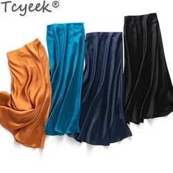 Tcyeek 100% Mulberry Silk Long Skirt Elegant Mermaid Skirts for Woman Clothes 2024 Spring Hip Wrap Black Skirt Saia Feminina