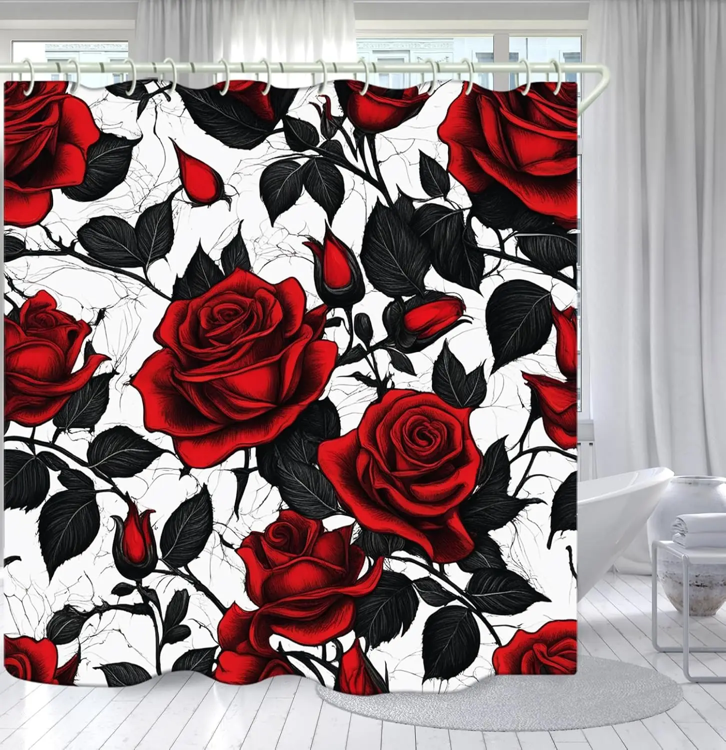 

Занавеска для душа в ванной комнате придает надежное настроение для купания, с уникальной художественной водонепроницаемой красивой занавеской для душа с красной розой (
