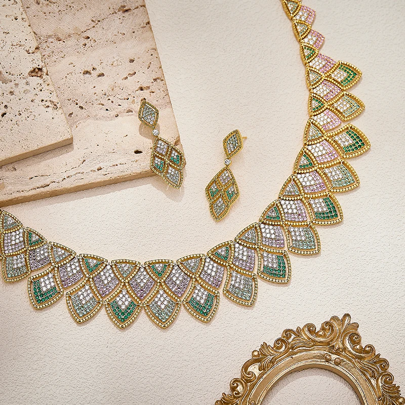 Europe America Stud Earrings Necklace Women Lady Inlay AAA Colored Cubic Zircon Triangle Plated Gold Color Party Jewelry Sets