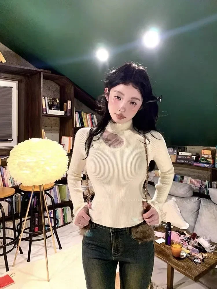 Jersey coreano de cuello alto, jerséis tipo túnica para Mujer, jersey calado de manga larga para Mujer, suéter recortado de punto Sexy, Tops, suéter para Mujer