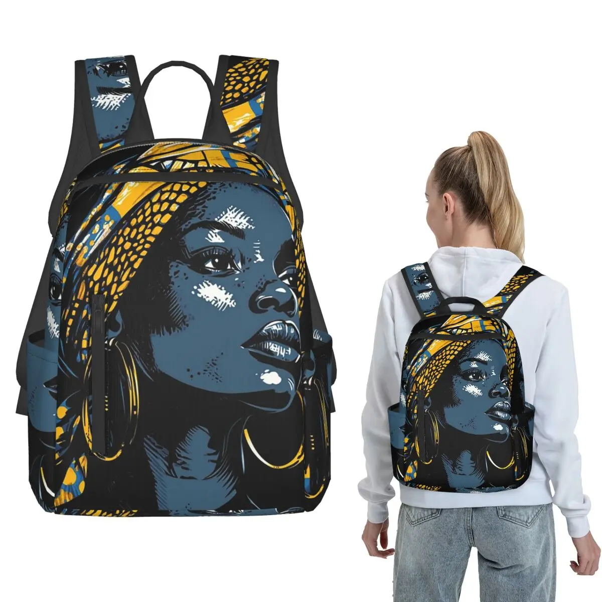 

African Headwrap Woman Design Backpack Daypack Kids BookBag School Bag Shoulder Bags for Men Women