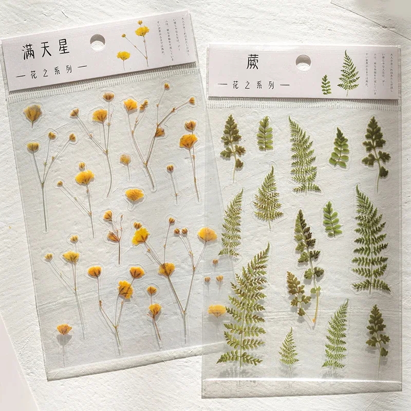 Scrapbook Stickers 12 Designs Natural Daisy Clover Japanese Stickers Transparent PET Material Flowers Leaves Plants Deco Sticker