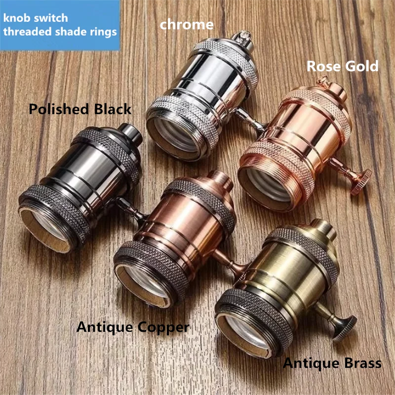 Retro E27 UL Listed Knob Switch Lighting Accessories Threaded Tooth Screw Lamp Holder With Shade Ring Brass Finished Lamp Socket