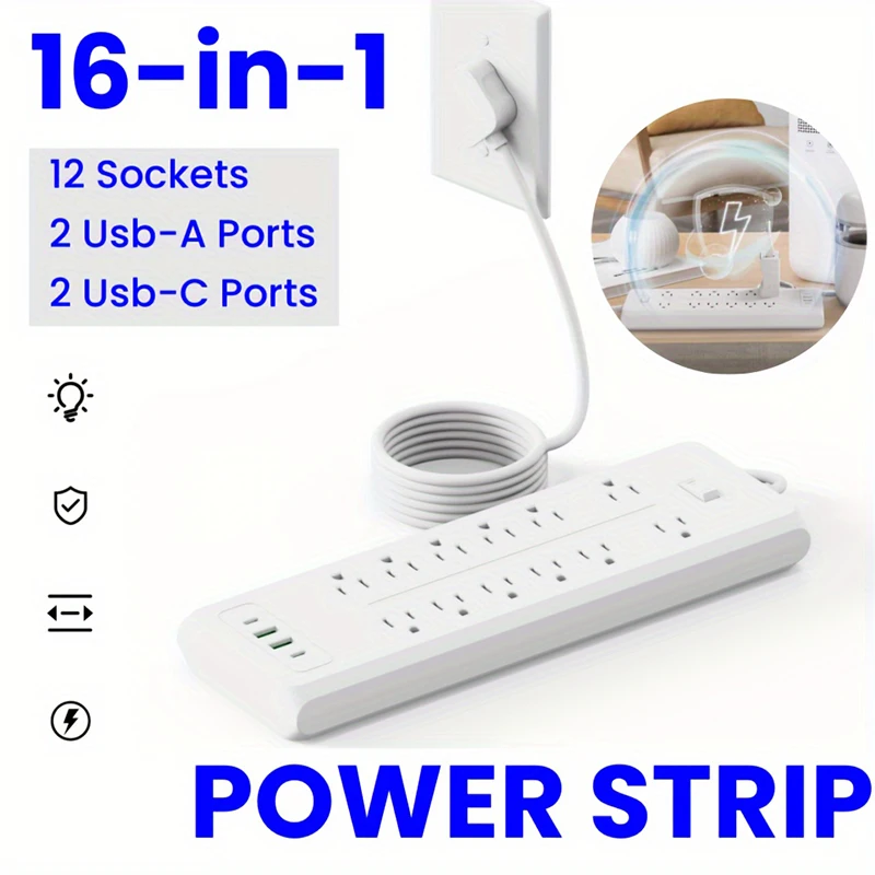 

16 Ports Power Strip US Plug 12AC Outlets Electrical Socket Extension Cord 2USB 2PD Fast Charger Network Filter Adapter Charging