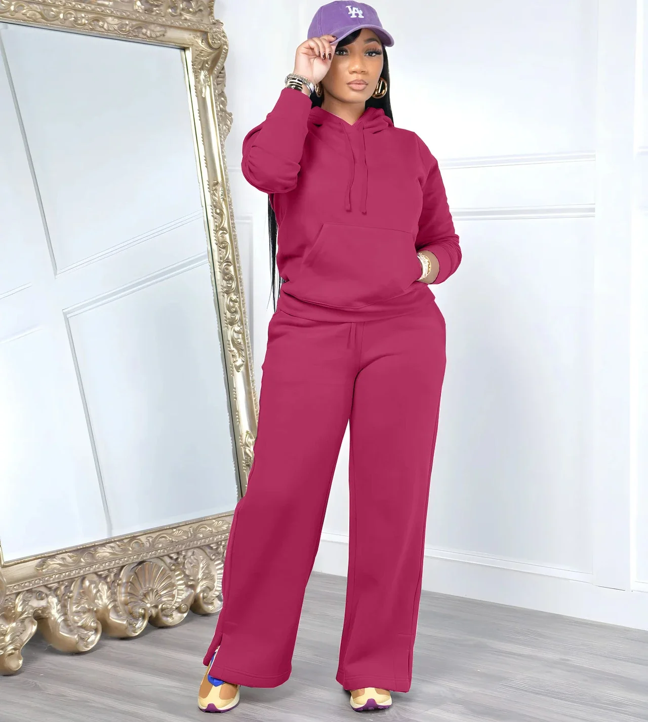 Women Sport Two Piece Outfit Winter Casual 2 Piece Set Hoodies Tops Wide Leg Pants Set Women Tracksuit